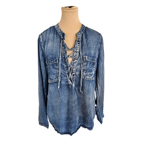 Saks Fifth Avenue Denim Look Long Sleeve Blouse Sz M - Picture 1 of 8